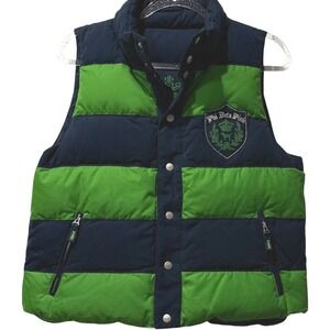 New Vtg Victoria's Secret PINK Puffer Vest Navy Green Crest Unicorn Graphic‎ M/L